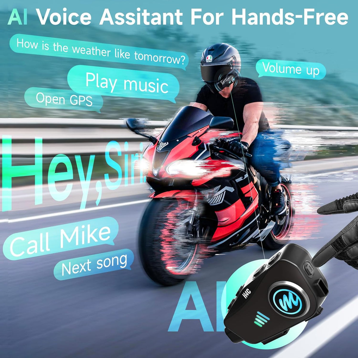 Motorcycle Helmet Headset with Camera, Moman H4C with 【1080P Camera】120° Wide Angle 360° Shooting Single Use Motorbike Headphone Speaker with 32G TF-Card HiFi Stereo AI Voice Assitant IPX6 Waterproof