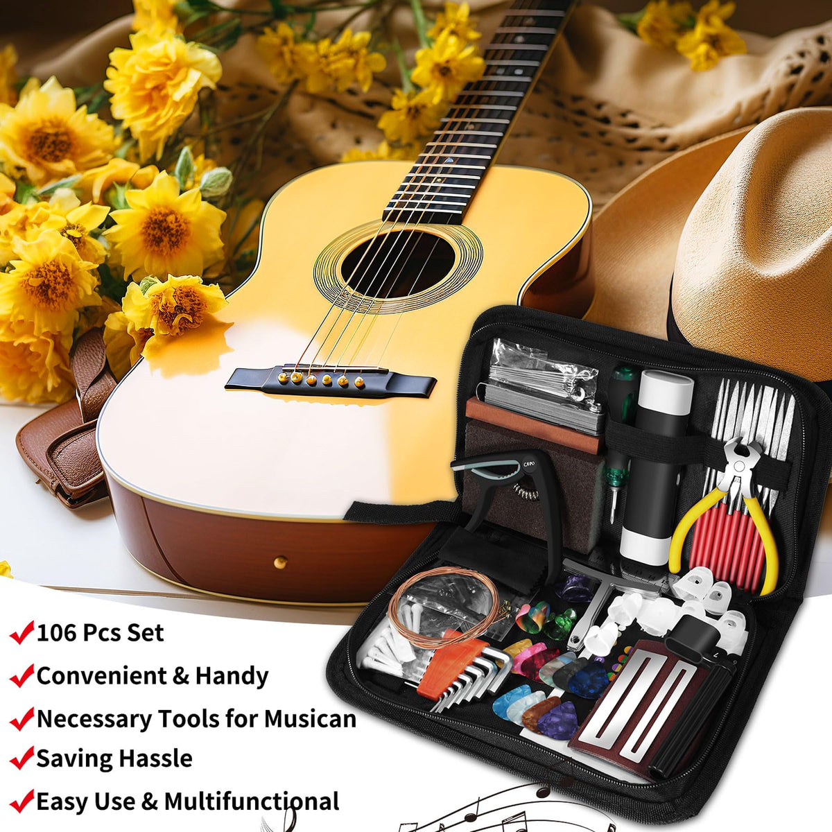 106Pcs Guitar Tool Kit, Guitar Accessories Guitar Maintenance Kit, Guitar Repair Kit with Capo Guitar Strings Picks Bridge Pins Gauge, TIMDAM Guitar Setup Kit for Ukulele Bass Mandolin Banjo Guitar