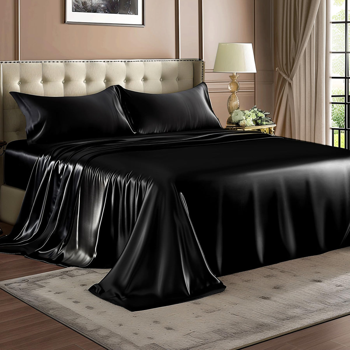 BEDELITE Satin Sheets Queen Size Bed Set, Black, 4 Pieces