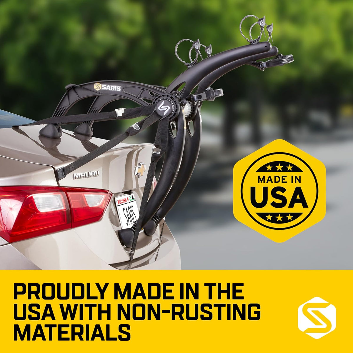 Saris Bones EX 2-Bike Trunk Rack Bicycle Carrier, Durable, Rust-Free, Anti-Sway Straps, Made in USA, Arc-Based Design, 100% Recyclable Materials