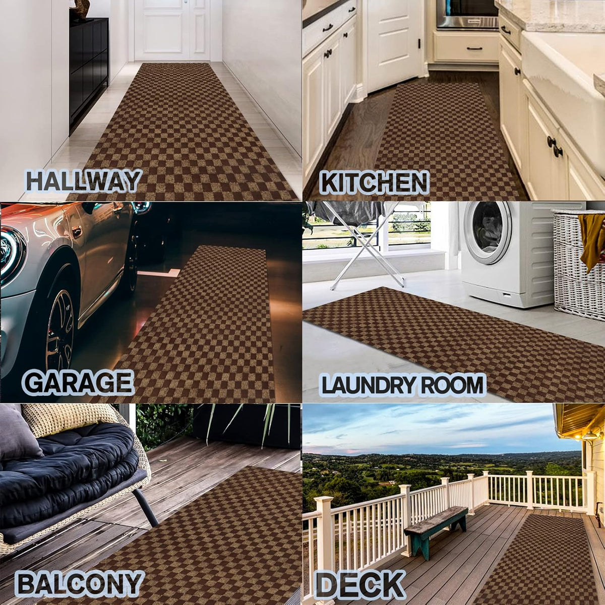 Custom Size Backed Non-Slip Area Rugs Runner, Easy Clean, Waterproof Runner Rugs for Hallway Entryway, Kitchen, Laundry, 2FT x 73FT, Brown Checkered