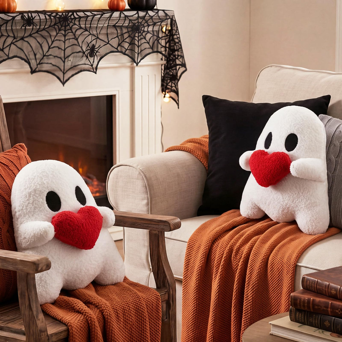 Threehoney Halloween Ghost Throw Pillow with Red Heart Gothic Pillows