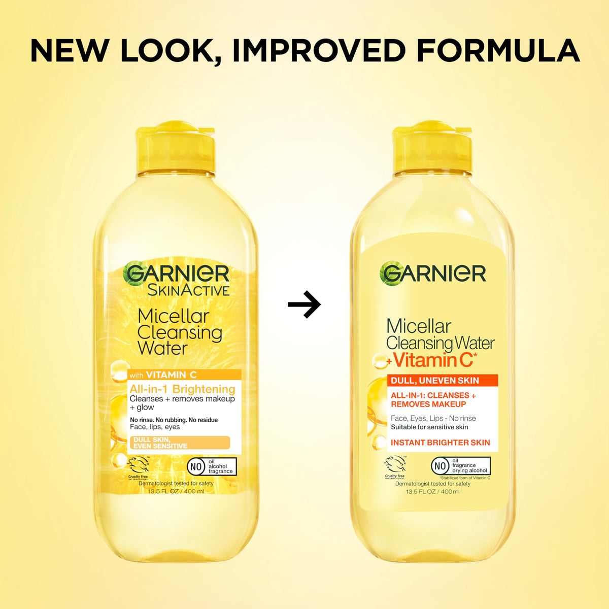 Garnier Micellar Water with Vitamin C, Facial Cleanser & Makeup Remover, Brightening & Hydrating, For All Skin Types, Vegan, Cruelty Free, 13.5 Fl Oz (400mL), 2 Count