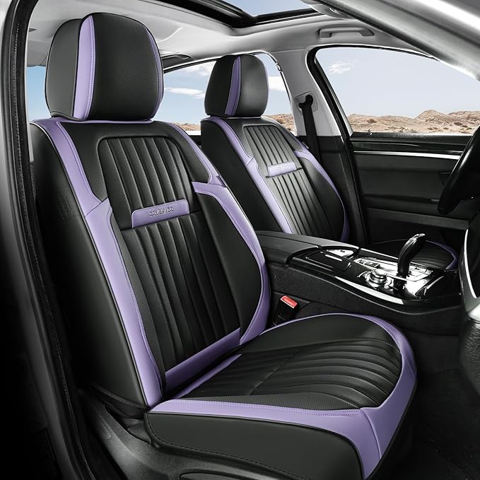 Coverado Car Seat Covers Full Set, Seat Covers for Cars, Car Seat Cover, Car Seat Protector, Leather Car Seat Cushion, Waterproof Car Seat Covers Front Seats and Back Fit for Most Cars(Purple&Black)