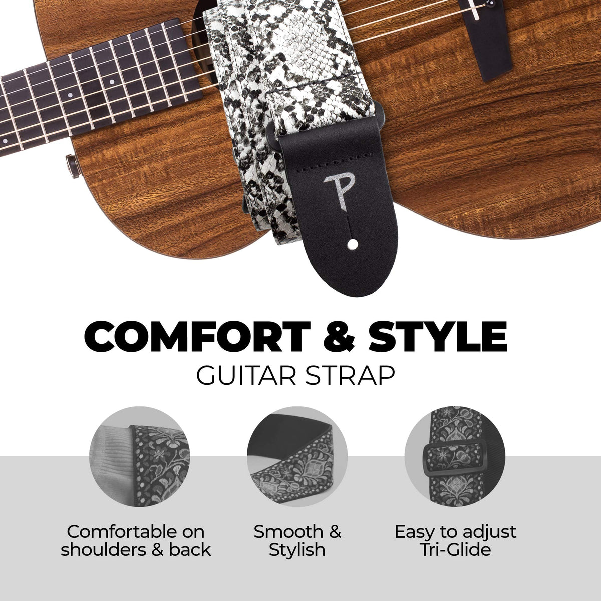 Perri’s Leathers Faux Snake Skin Guitar Straps, 39" - 58", White, Jacquard Patterned, Adjustable Length, Leather Ends, Non-Slip & Durable, Electric, Bass, Acoustic Guitar Strap
