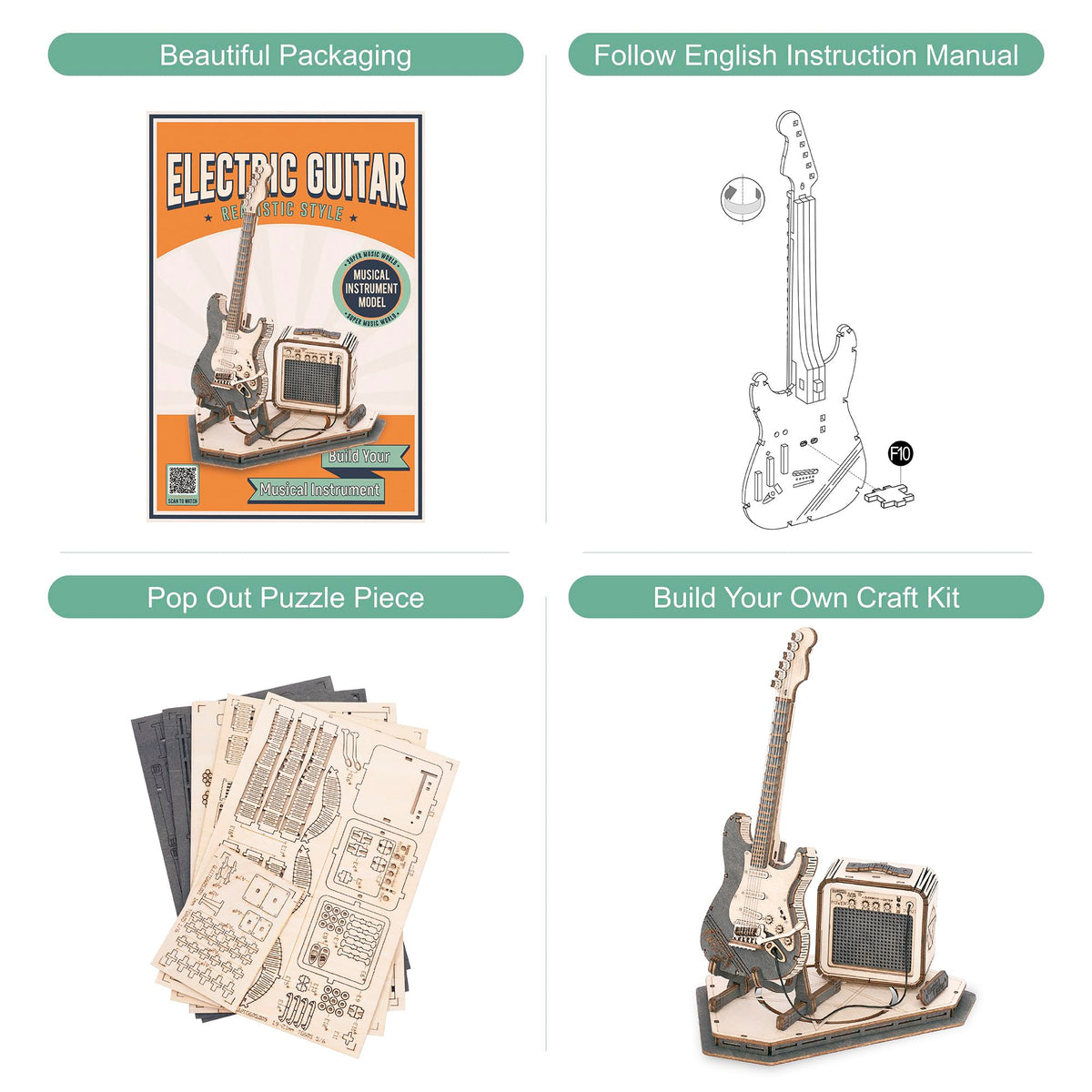 Rowood 3D Puzzles for Adults, DIY Wooden Model Kit for Adults to Build, STEM Electric Guitar Desk Toy Project, Birthday Gifts for Music Lovers