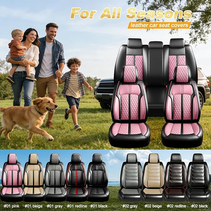 Fit Insight Car Seat Covers for Honda Insight 2010-2022 Premium Leather, Airbag Compatible, Scratch-Resistant, Waterproof All Weather Seat Protector, Airbag Compatible, Full Set, Black+Pink