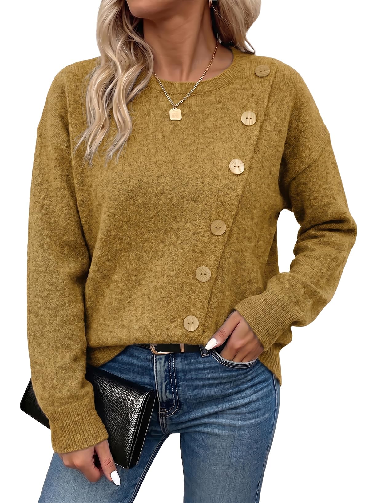 Dokotoo Sweaters for Women Long Sleeve Knitted Fall Tops Outfits Mustard L