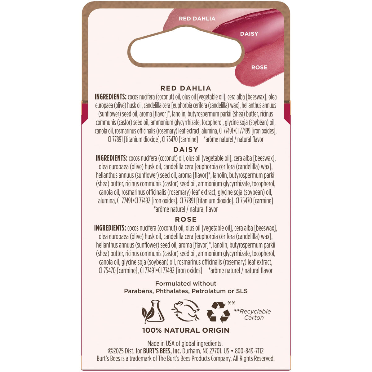 Burts Bees Tinted Lip Balm Value Pack, Includes Red Dahlia, Daisy and Rose, 8 Hour Moisture, Provides a Hint of Color, Nourishing Shea Butter, 100 Percent Natural Origin, 0.15 oz., Three Tubes