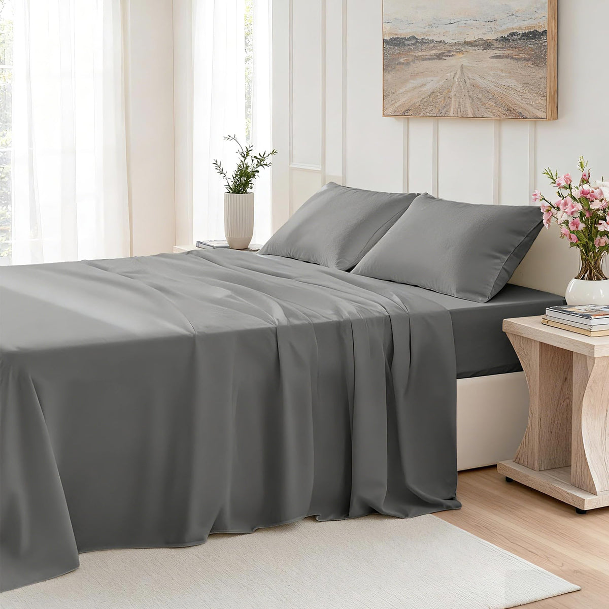 USXIBEI Queen Size 4 Piece Sheet Set - Comfy Breathable & Cooling Bed Sheets Set, Soft and Wrinkle Free, Deep Pockets, Easy & Secure Fit, Hotel Luxury Bedding for Women, Men - Oeko-Tex - Dark Grey