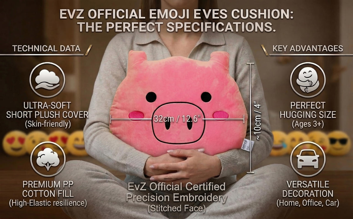 EvZ Official Certified Pig Emoji Pillow - 32cm Large Soft Plush Pink Piggy Face Emoticon Cushion - Cute Animal Decorative Stuffed Toy for Kids Room, Baby Shower & Nursery Decor (Pink)