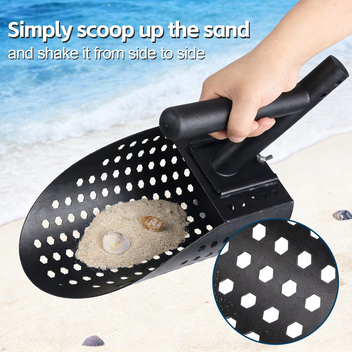 Sand Scoop for Metal Detecting, Long Handle with Shovel Metal Detector for Beach, Stainless Steel Sand Sifter Shovel for Underwater Hunting, Black