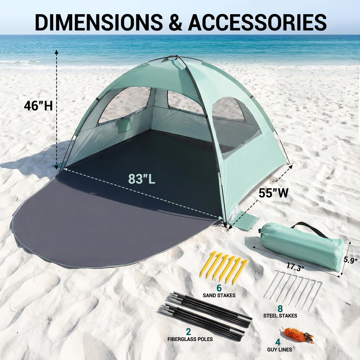 WhiteFang Beach Tent Anti-UV Portable Sun Shade Shelter for 3 Person, Extendable Floor with 3 Ventilating Mesh Windows Plus Carrying Bag, Stakes and Guy Lines (Mint Green)