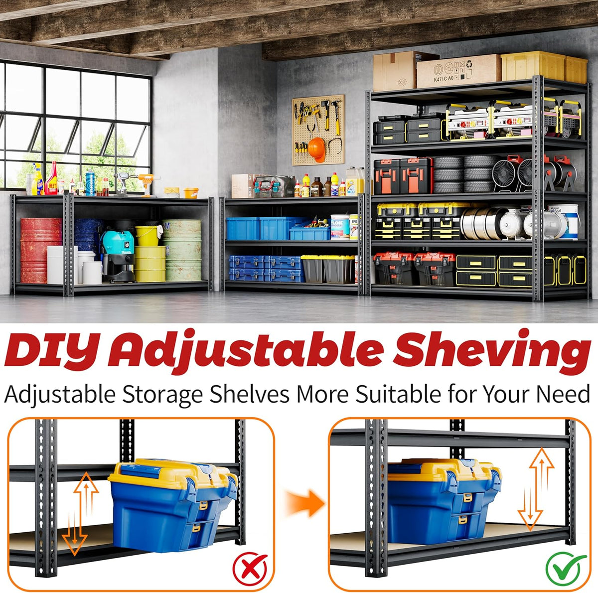 48"W Garage Shelving, 2650LBS Storage Shelves heavy duty, 5 Tier Metal Shelving Unit Adjustable Garage Shelves Heavy Duty Shelving for Warehouse,Commercial, Kitchen, 48" W × 24" D × 72" H, Black,2PCS