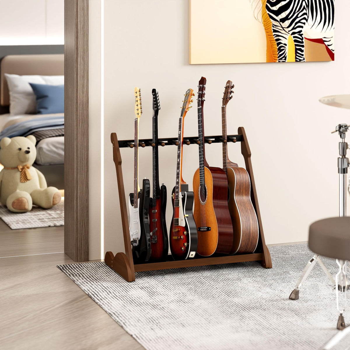 Bamboo Multi Guitar Stand, Guitar Rack for Multiple Guitars(Walnut-B)