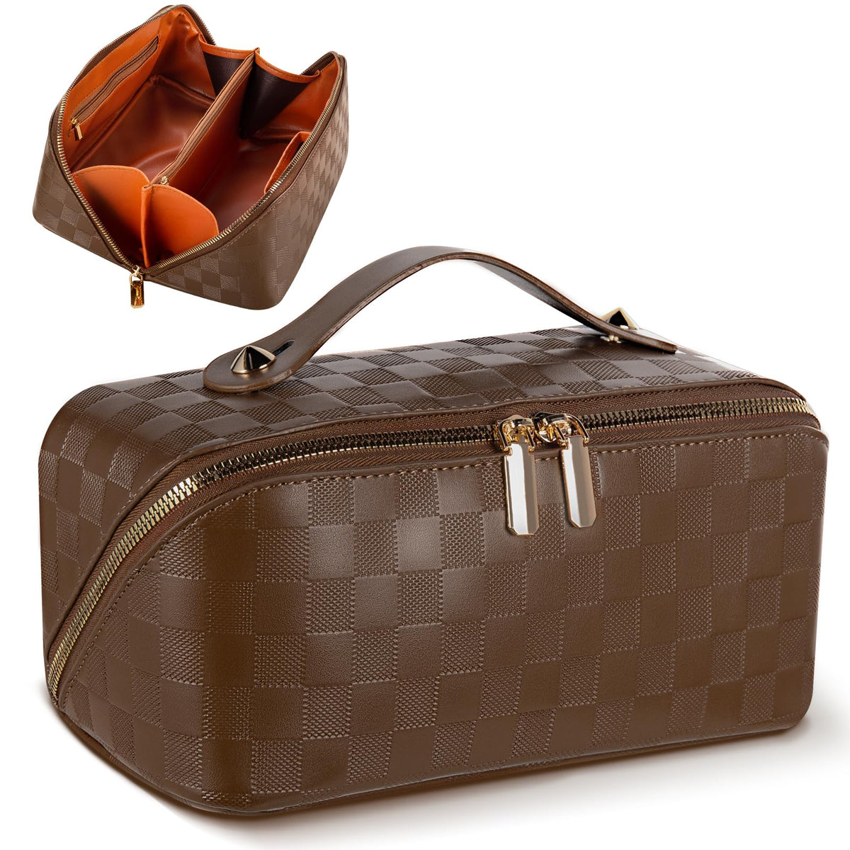 Abiudeng Travel Makeup Bag,Large Capacity Toiletry Bag Cosmetic Bags for Travel Essentials,Waterproof Portable Pouch Open Flat Makeup bag Organizer with Divider and Handle(Checkered-Brown) - thewildfolk Abiudeng Travel Makeup Bag,Large Capacity Toiletry Bag Cosmetic Bags for Travel Essentials,Waterproof Portable Pouch Open Flat Makeup bag Organizer with Divider and Handle(Checkered-Brown)