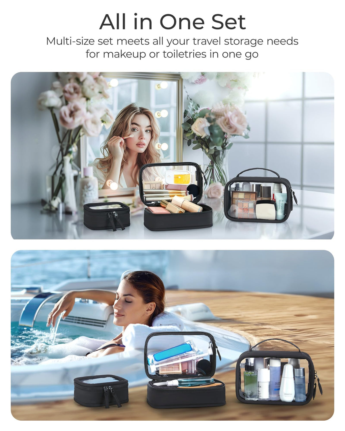 BAGSMART Double Layer Clear Makeup Bag, TSA-Approved Toiletry Bag, Large Opening with Handle, Cute Water-Resistant Travel Cosmetic Bag with Double Zipper for Car Essentials(Pink) - thewildfolk BAGSMART Double Layer Clear Makeup Bag, TSA-Approved Toiletry Bag, Large Opening with Handle, Cute Water-Resistant Travel Cosmetic Bag with Double Zipper for Car Essentials(Pink)