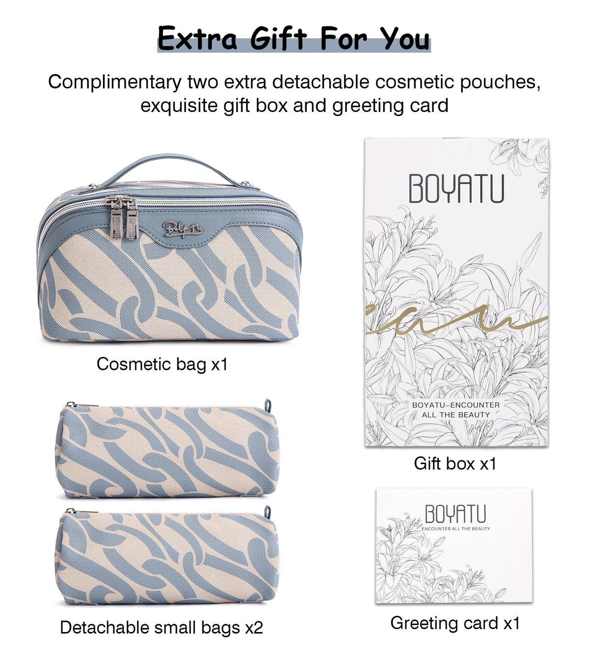 BOYATU Travel Makeup Bag for Women: Large Capacity 3-Piece Cosmetic & Toiletry Organizer - Expands Storage by 50% with 2 Detachable Pouches,Opens Flat for Easy Packing,Waterproof PU Leather(Blue) - thewildfolk BOYATU Travel Makeup Bag for Women: Large Capacity 3-Piece Cosmetic & Toiletry Organizer - Expands Storage by 50% with 2 Detachable Pouches,Opens Flat for Easy Packing,Waterproof PU Leather(Blue)
