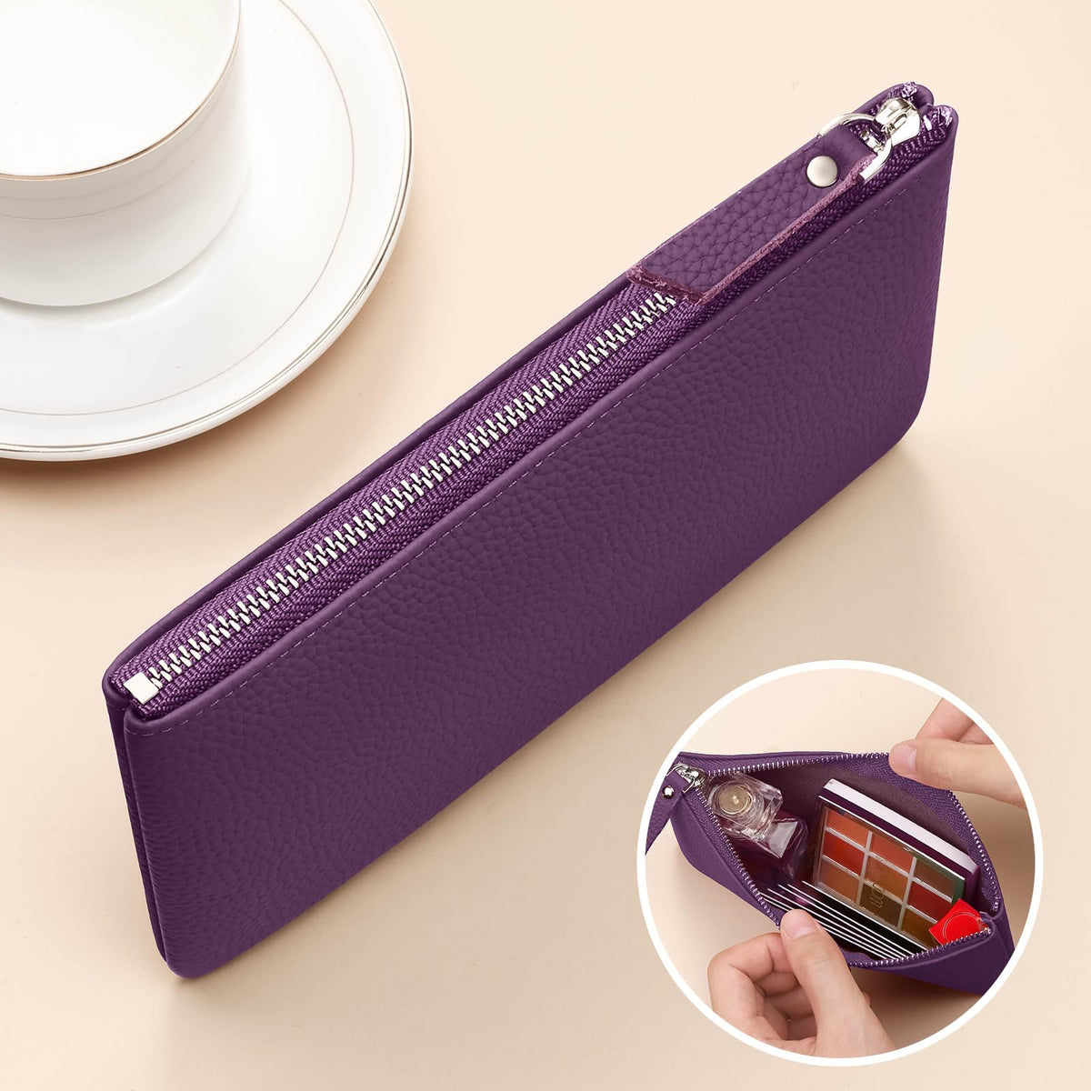 Genuine Leather Zipper Purse, Travel Makeup Bag With Zipper for Men Women Coin Bag Lipstick Cosmetic Accessories Organizer, Travel Kit Storage Pouch (Purple) - thewildfolk Genuine Leather Zipper Purse, Travel Makeup Bag With Zipper for Men Women Coin Bag Lipstick Cosmetic Accessories Organizer, Travel Kit Storage Pouch (Purple)