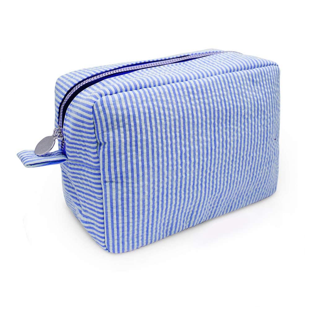 GFU Makeup Bag for Women, Cute Cosmetic Bag, Lightweight Toiletry Make up Bag, Large Seersucker Aesthetic Organizer Storage Pouch for Girls, Women and Moms Gifts, Blue - thewildfolk GFU Makeup Bag for Women, Cute Cosmetic Bag, Lightweight Toiletry Make up Bag, Large Seersucker Aesthetic Organizer Storage Pouch for Girls, Women and Moms Gifts, Blue
