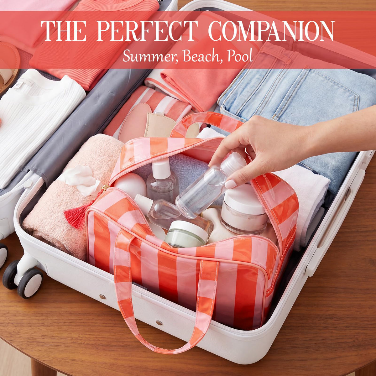 Gilprop 3 Pcs Waterproof Travel Toiletry Bag Clear Coated Stripe Makeup Bag with Handle Portable PVC Large Cosmetic Bags for Women Toiletries Bathroom Essentials Vacation Accessories(Pink-orange) - thewildfolk Gilprop 3 Pcs Waterproof Travel Toiletry Bag Clear Coated Stripe Makeup Bag with Handle Portable PVC Large Cosmetic Bags for Women Toiletries Bathroom Essentials Vacation Accessories(Pink-orange)