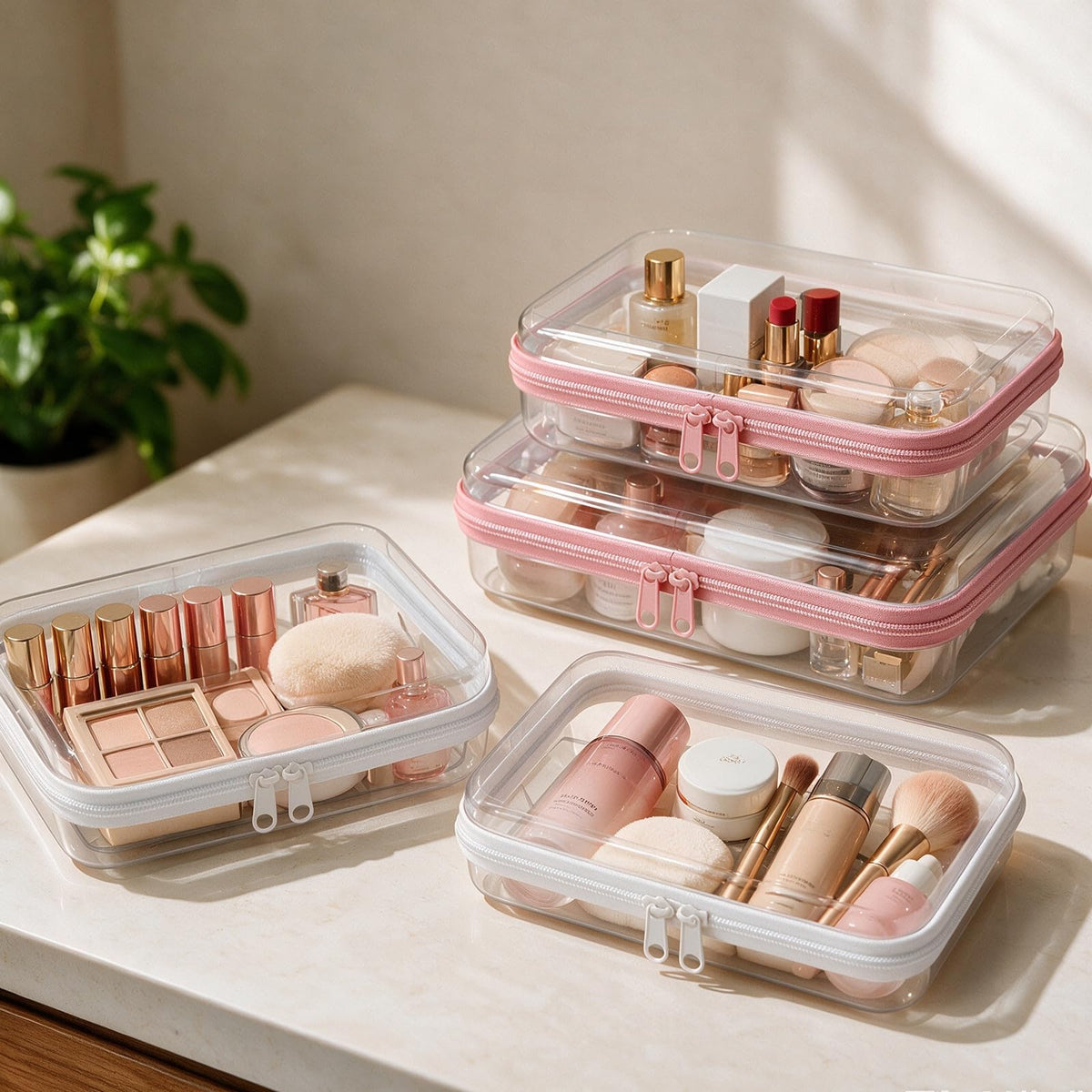 Jiejieko 4 pcs Clear Hard Shell Zipper Case, Water-Resistant Travel Makeup Bag, Diaper Bag Organizer Pouches,Clear Toiletry Bags (Pink) - thewildfolk Jiejieko 4 pcs Clear Hard Shell Zipper Case, Water-Resistant Travel Makeup Bag, Diaper Bag Organizer Pouches,Clear Toiletry Bags (Pink)