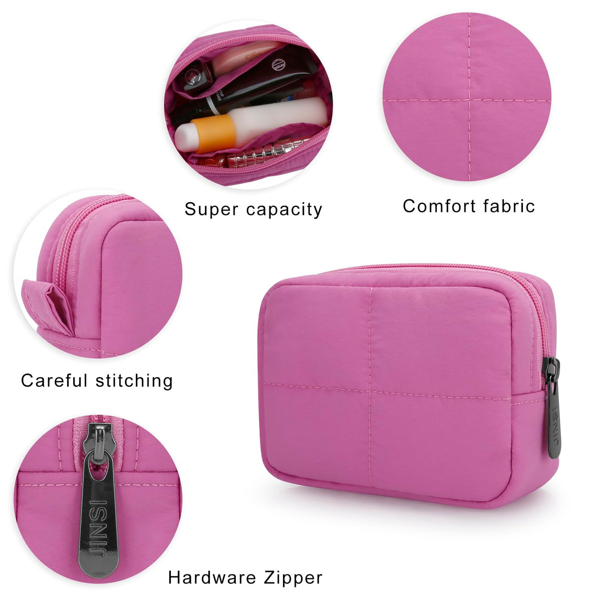 JINSI Small Makeup Bag for Purse, Quilted Travel Cosmetic Bag, Zipper Cosmetic Pouch Organizer Toiletry Bag, Make Up Bags for Women Girls, Rose - thewildfolk JINSI Small Makeup Bag for Purse, Quilted Travel Cosmetic Bag, Zipper Cosmetic Pouch Organizer Toiletry Bag, Make Up Bags for Women Girls, Rose