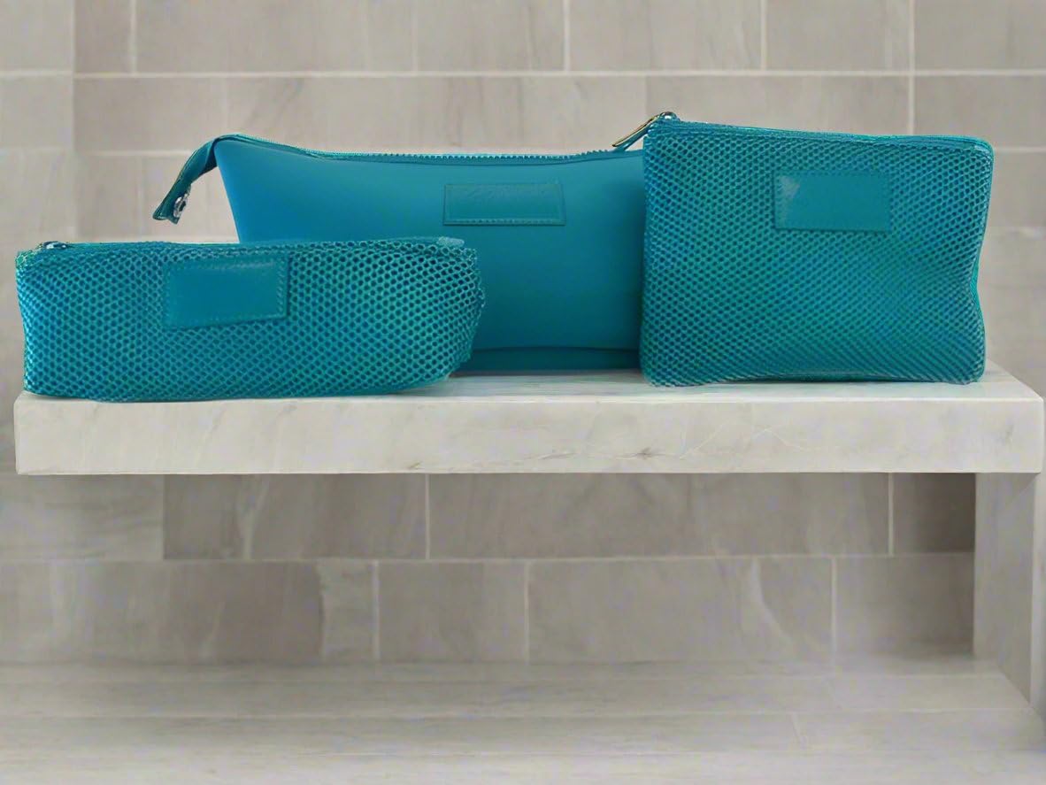 Kat Myhr Neoprene Washable Travel Makeup & Cosmetic Bag Set, 2 Air Mesh Pouches,100% Neoprene Toiletry Bag, Large Water Resistant Travel Bag for Toiletries, Makeup Cosmetic Travel Bag (Turquoise) - thewildfolk Kat Myhr Neoprene Washable Travel Makeup & Cosmetic Bag Set, 2 Air Mesh Pouches,100% Neoprene Toiletry Bag, Large Water Resistant Travel Bag for Toiletries, Makeup Cosmetic Travel Bag (Turquoise)