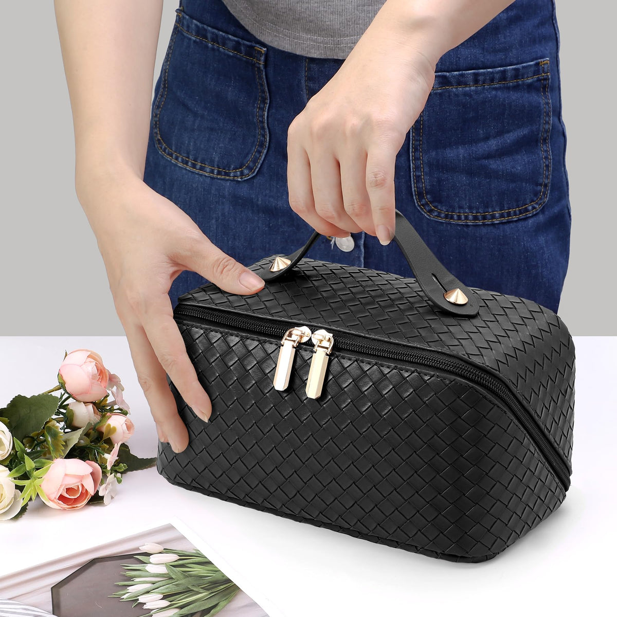 Large Capacity Travel Cosmetic Bag - PU Leather Makeup Organizer Bag Portable Woven Makeup Bags for Women Waterproof Travel Toiletry Bag with Divider Pouch, Black - thewildfolk Large Capacity Travel Cosmetic Bag - PU Leather Makeup Organizer Bag Portable Woven Makeup Bags for Women Waterproof Travel Toiletry Bag with Divider Pouch, Black