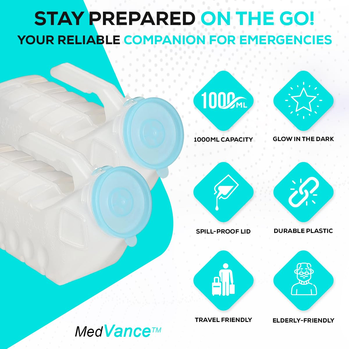 MedVance Urinals for Men 1000ml, Spill Proof Glow in the Dark Lid, 8 Pack - thewildfolk MedVance Urinals for Men 1000ml, Spill Proof Glow in the Dark Lid, 8 Pack