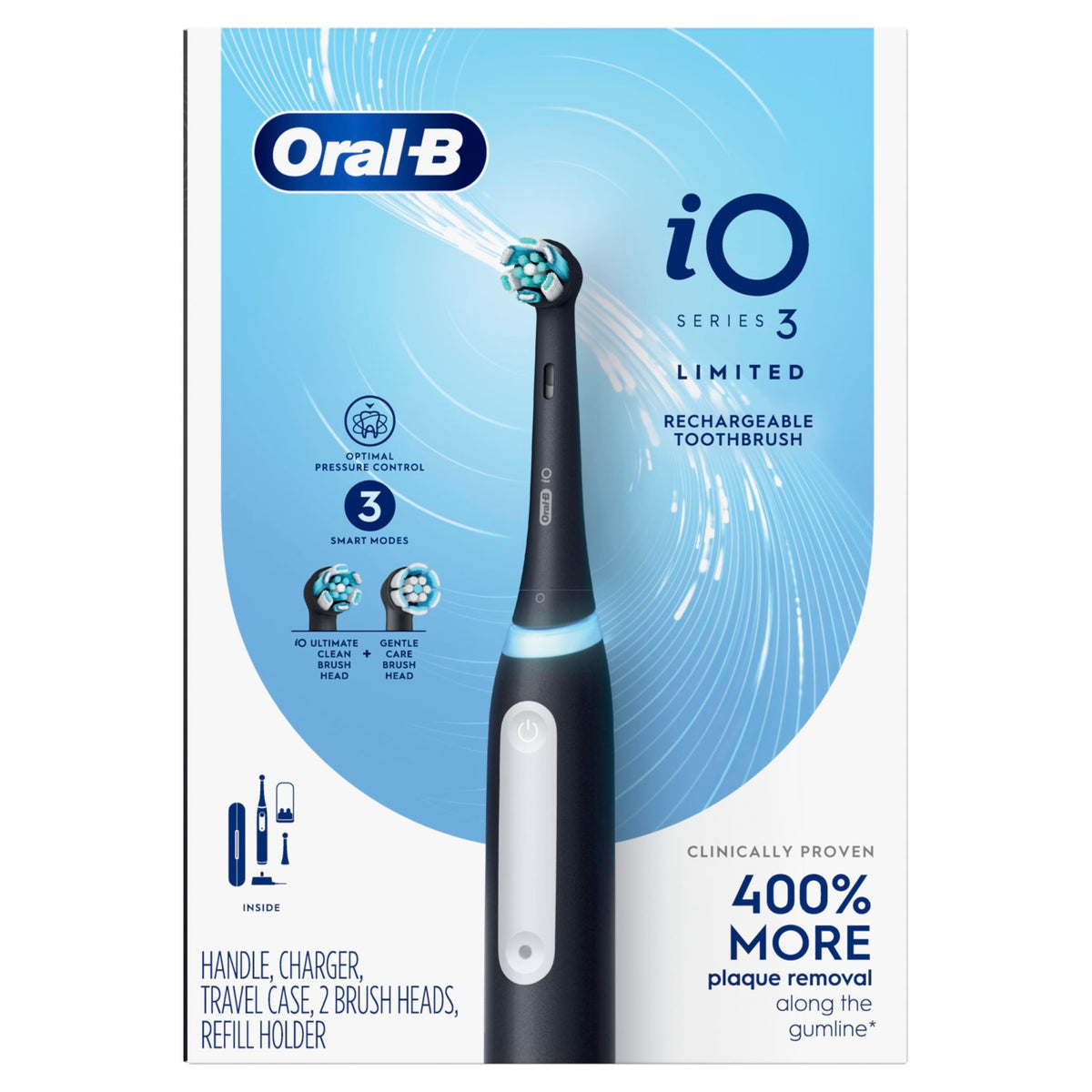 Oral-B iO Series 3 Limited Deep Clean Rechargeable Electric Toothbrush for Adults, Black, 3 Modes, Smart Pressure Sensor, Plaque Removal and Gum Care, 2 Replacement Brush Heads, Travel Case - thewildfolk Oral-B iO Series 3 Limited Deep Clean Rechargeable Electric Toothbrush for Adults, Black, 3 Modes, Smart Pressure Sensor, Plaque Removal and Gum Care, 2 Replacement Brush Heads, Travel Case