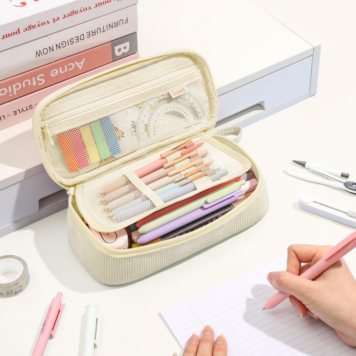 SUNEE Cute Pencil Case, Soft Corduroy Large Capacity Pencil Pouch, Aesthetic Zipper Pencil Bag, Big Storage Pen Organizer for Stationery, Pencil Box Back to School Supplies for Teen Girls Boys, Beige - thewildfolk SUNEE Cute Pencil Case, Soft Corduroy Large Capacity Pencil Pouch, Aesthetic Zipper Pencil Bag, Big Storage Pen Organizer for Stationery, Pencil Box Back to School Supplies for Teen Girls Boys, Beige