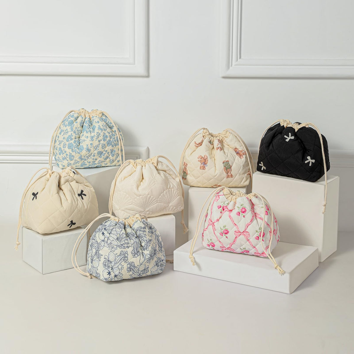 uekeboag Cotton Quilted Drawstring Makeup Bag (04White Bear) - thewildfolk uekeboag Cotton Quilted Drawstring Makeup Bag (04White Bear)