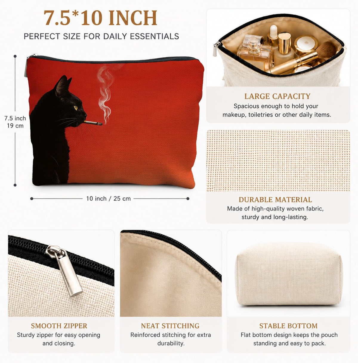 UNCDLV Funny Black Cat Makeup Bag Cosmetic for Women, Cat Lovers Gifts, Whimsical Quirky Smoking Black Kitten Portable Zipper Makeup Pouch Travel Toiletry Bags - thewildfolk UNCDLV Funny Black Cat Makeup Bag Cosmetic for Women, Cat Lovers Gifts, Whimsical Quirky Smoking Black Kitten Portable Zipper Makeup Pouch Travel Toiletry Bags