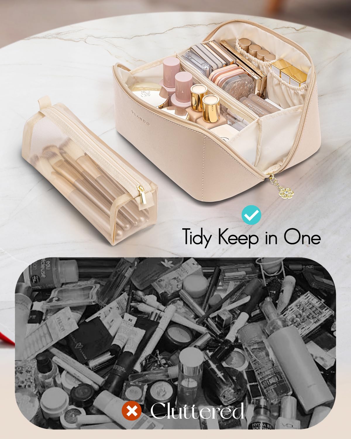 VLANDO Travel Makeup Bag with 180°Opening, Women Toiletry Case,Toffee - thewildfolk VLANDO Travel Makeup Bag with 180°Opening, Women Toiletry Case,Toffee