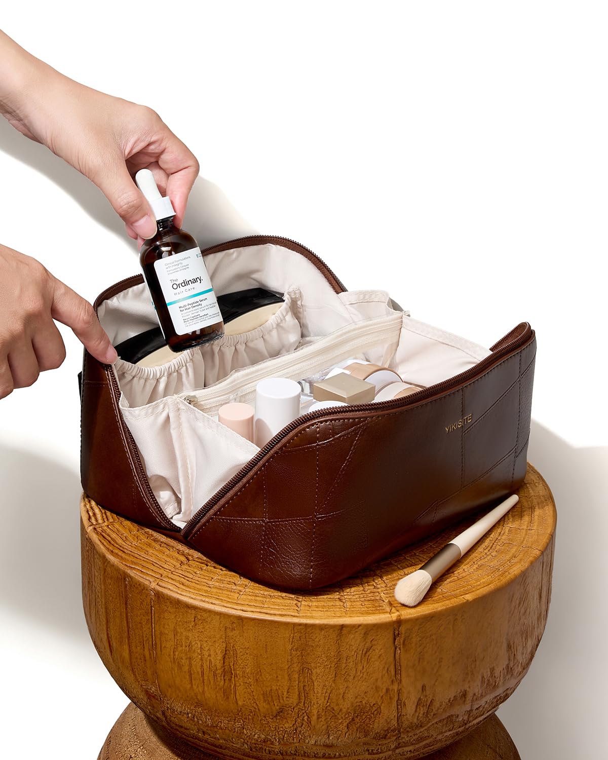 Yikisite Makeup Bag, Travel Cosmetic Bags toiletry bag for Women, Waterproof PU Leather Make Up Pouch Organizer Travel Essentials Organizer with Divider (Brown) - thewildfolk Yikisite Makeup Bag, Travel Cosmetic Bags toiletry bag for Women, Waterproof PU Leather Make Up Pouch Organizer Travel Essentials Organizer with Divider (Brown)