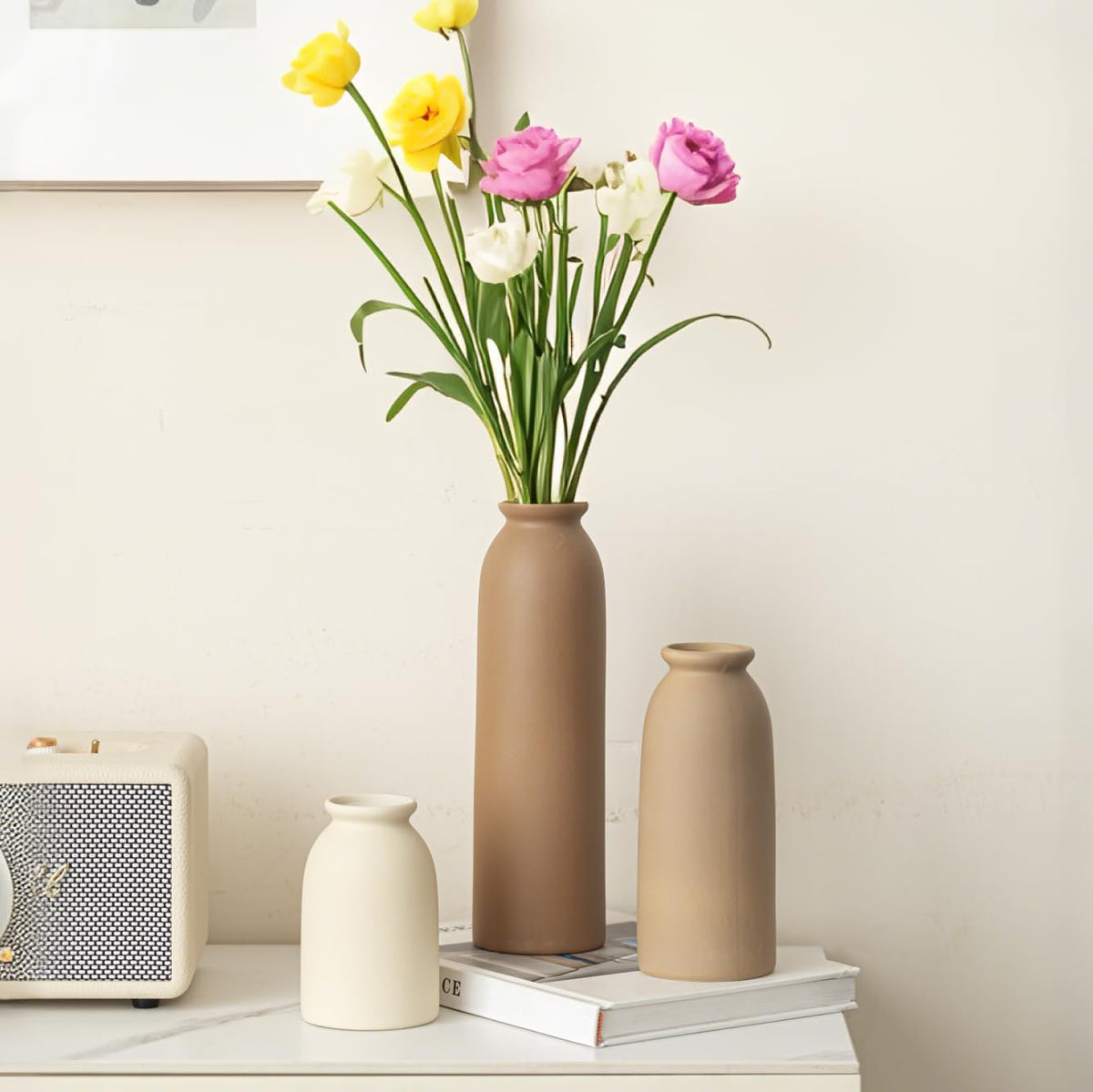 10.4 inches Tall Decorative Ceramic Vase Set, 3 Pieces, Nordic Modern Boho Style, White, Modern Farmhouse for Home Decor (Coffee Mix) - thewildfolk 10.4 inches Tall Decorative Ceramic Vase Set, 3 Pieces, Nordic Modern Boho Style, White, Modern Farmhouse for Home Decor (Coffee Mix)