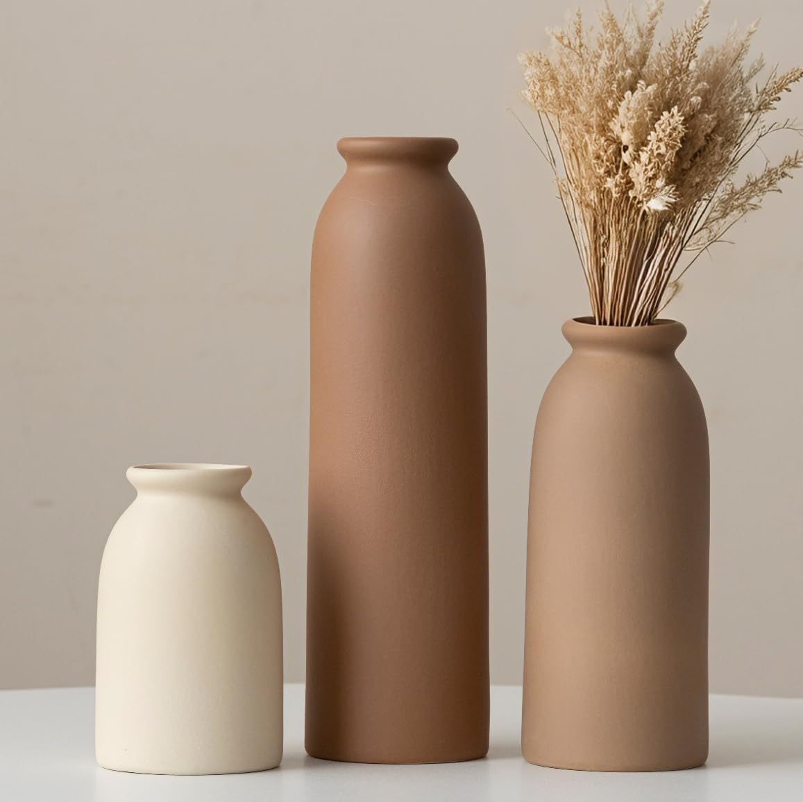 10.4 inches Tall Decorative Ceramic Vase Set, 3 Pieces, Nordic Modern Boho Style, White, Modern Farmhouse for Home Decor (Coffee Mix) - thewildfolk 10.4 inches Tall Decorative Ceramic Vase Set, 3 Pieces, Nordic Modern Boho Style, White, Modern Farmhouse for Home Decor (Coffee Mix)