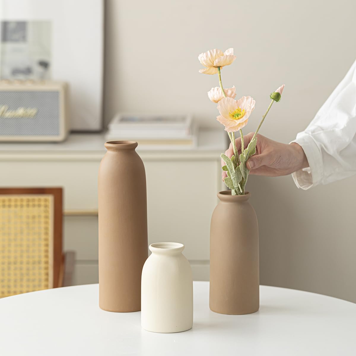 10.4 inches Tall Decorative Ceramic Vase Set, 3 Pieces, Nordic Modern Boho Style, White, Modern Farmhouse for Home Decor (Coffee Mix) - thewildfolk 10.4 inches Tall Decorative Ceramic Vase Set, 3 Pieces, Nordic Modern Boho Style, White, Modern Farmhouse for Home Decor (Coffee Mix)