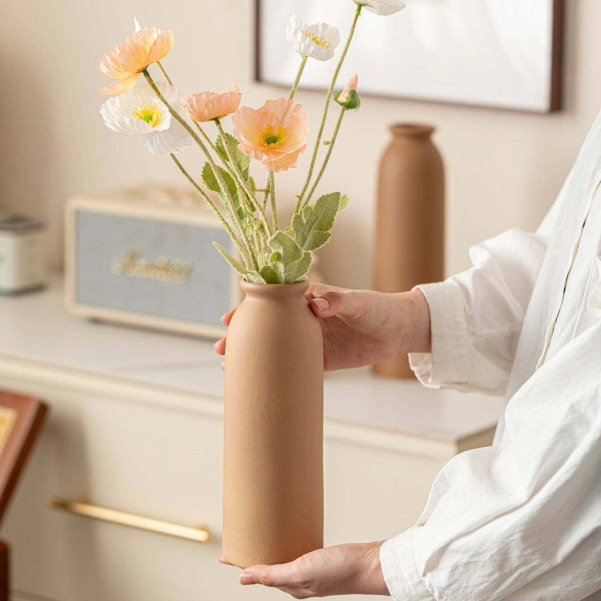 10.4 inches Tall Decorative Ceramic Vase Set, 3 Pieces, Nordic Modern Boho Style, White, Modern Farmhouse for Home Decor (Coffee Mix) - thewildfolk 10.4 inches Tall Decorative Ceramic Vase Set, 3 Pieces, Nordic Modern Boho Style, White, Modern Farmhouse for Home Decor (Coffee Mix)