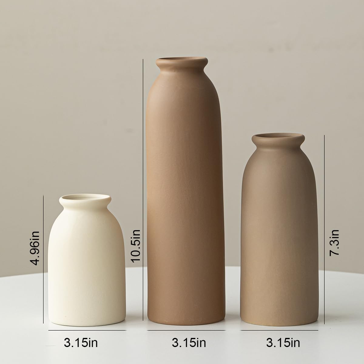 10.4 inches Tall Decorative Ceramic Vase Set, 3 Pieces, Nordic Modern Boho Style, White, Modern Farmhouse for Home Decor (Coffee Mix) - thewildfolk 10.4 inches Tall Decorative Ceramic Vase Set, 3 Pieces, Nordic Modern Boho Style, White, Modern Farmhouse for Home Decor (Coffee Mix)