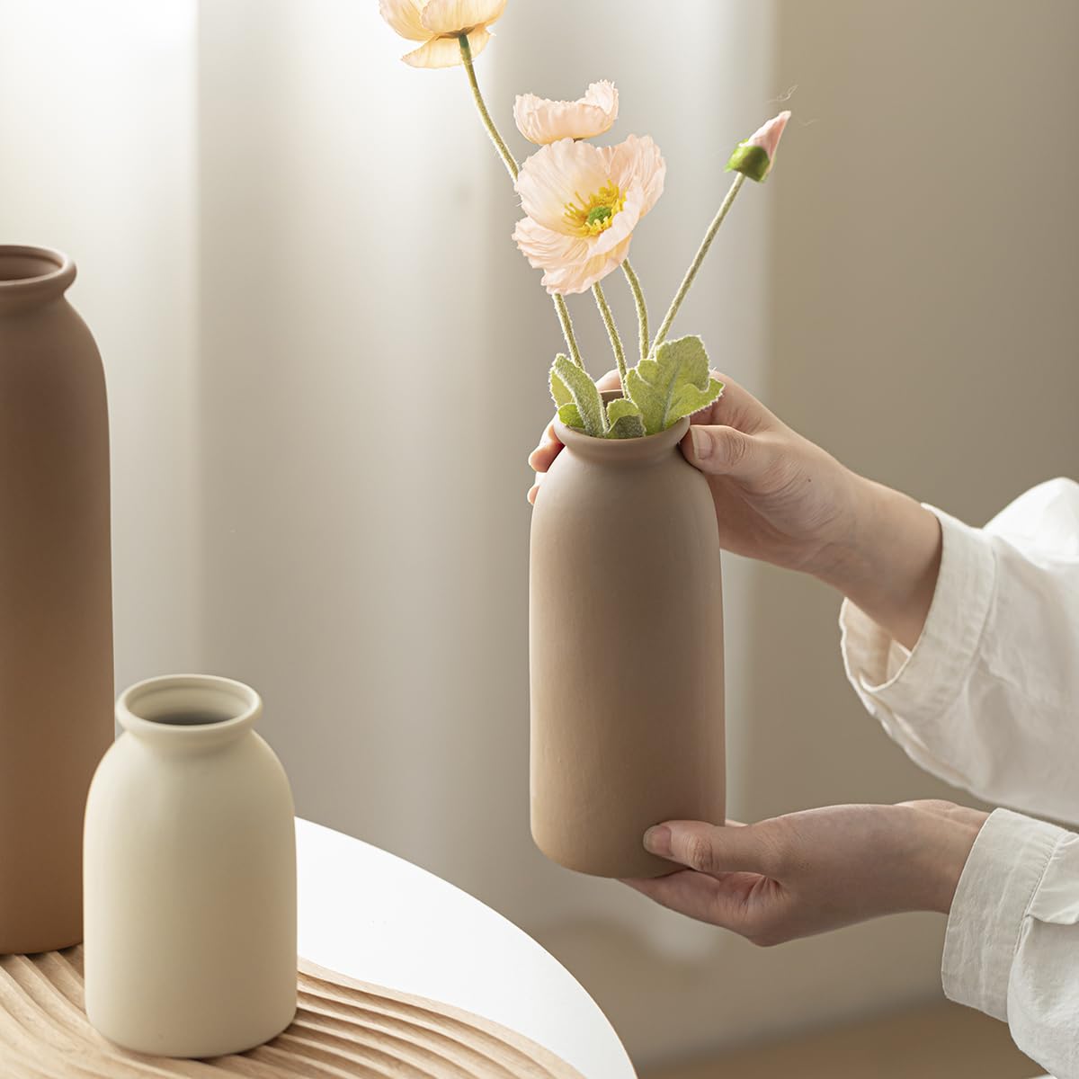 10.4 inches Tall Decorative Ceramic Vase Set, 3 Pieces, Nordic Modern Boho Style, White, Modern Farmhouse for Home Decor (Coffee Mix) - thewildfolk 10.4 inches Tall Decorative Ceramic Vase Set, 3 Pieces, Nordic Modern Boho Style, White, Modern Farmhouse for Home Decor (Coffee Mix)