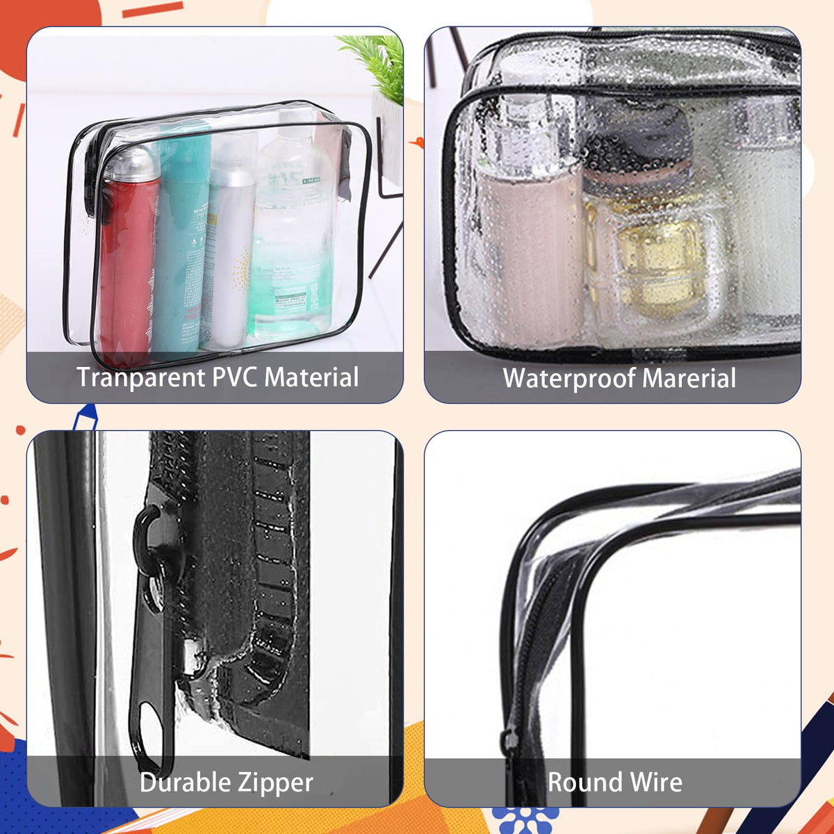 16 Pieces Clear Makeup Bags Bulk, TSA Approved Toiletry Bag for Travel, PVC Waterproof Travel Small Pouches Clear Pouch with Zipper for Men and Women Carry-on Travel Essentials Cosmetic Bags (Black) - thewildfolk 16 Pieces Clear Makeup Bags Bulk, TSA Approved Toiletry Bag for Travel, PVC Waterproof Travel Small Pouches Clear Pouch with Zipper for Men and Women Carry-on Travel Essentials Cosmetic Bags (Black)