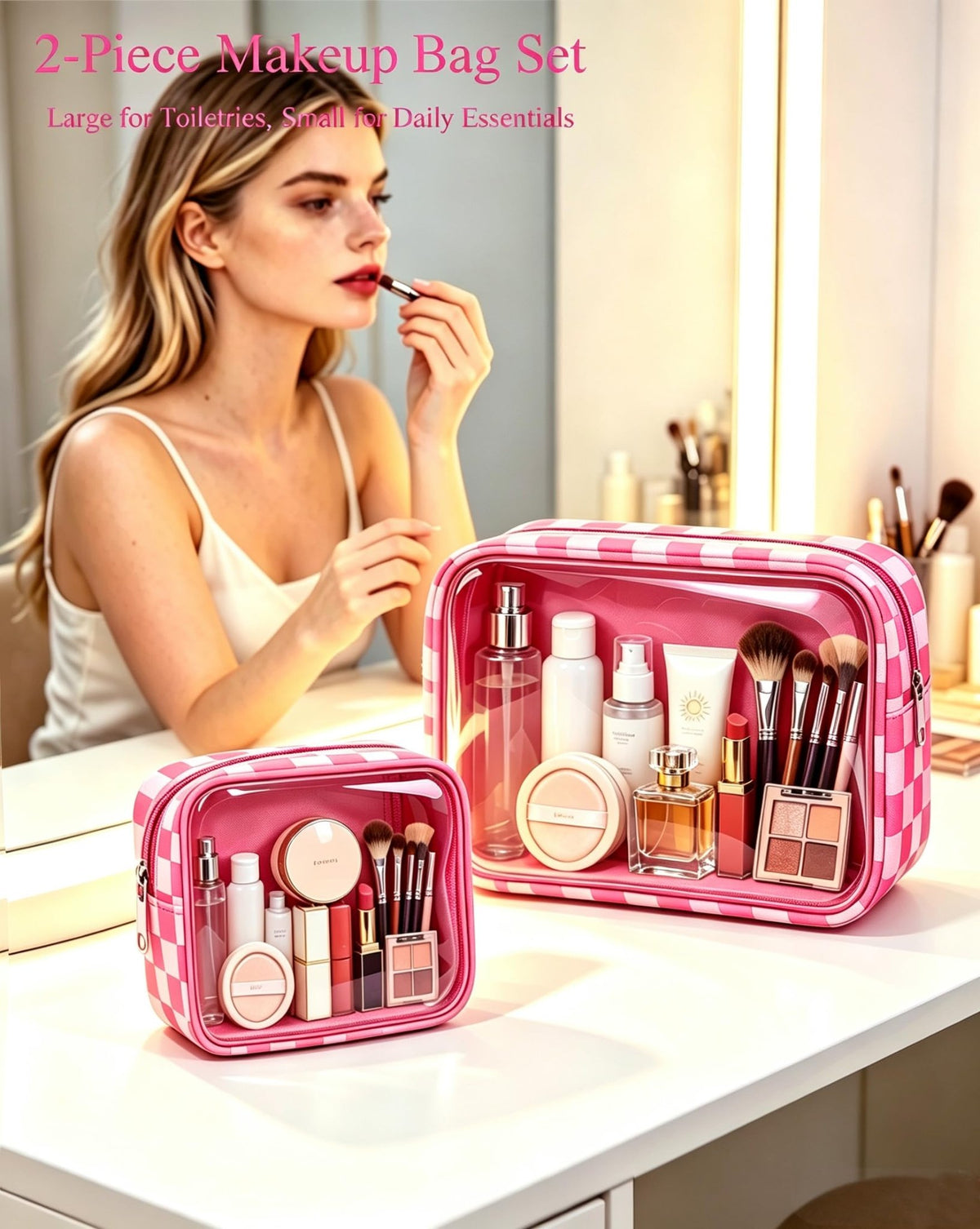 2 Pcs Clear Checkered Makeup Bag Set, Large Capacity Cosmetic Case Waterproof Travel Toiletry Bag Organizer Portable Makeup Pouch for Purse Small Make Up Bag Car Bag for Essentials (Mini+Large Rose) - thewildfolk 2 Pcs Clear Checkered Makeup Bag Set, Large Capacity Cosmetic Case Waterproof Travel Toiletry Bag Organizer Portable Makeup Pouch for Purse Small Make Up Bag Car Bag for Essentials (Mini+Large Rose)