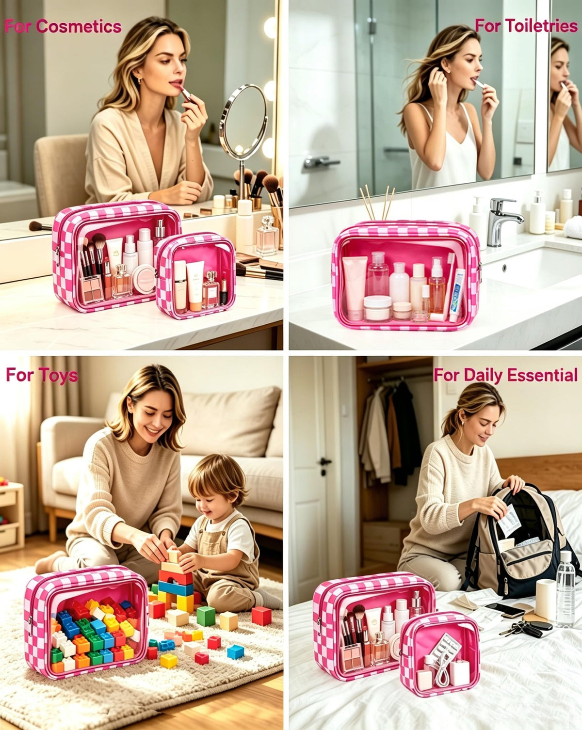 2 Pcs Clear Checkered Makeup Bag Set, Large Capacity Cosmetic Case Waterproof Travel Toiletry Bag Organizer Portable Makeup Pouch for Purse Small Make Up Bag Car Bag for Essentials (Mini+Large Rose) - thewildfolk 2 Pcs Clear Checkered Makeup Bag Set, Large Capacity Cosmetic Case Waterproof Travel Toiletry Bag Organizer Portable Makeup Pouch for Purse Small Make Up Bag Car Bag for Essentials (Mini+Large Rose)