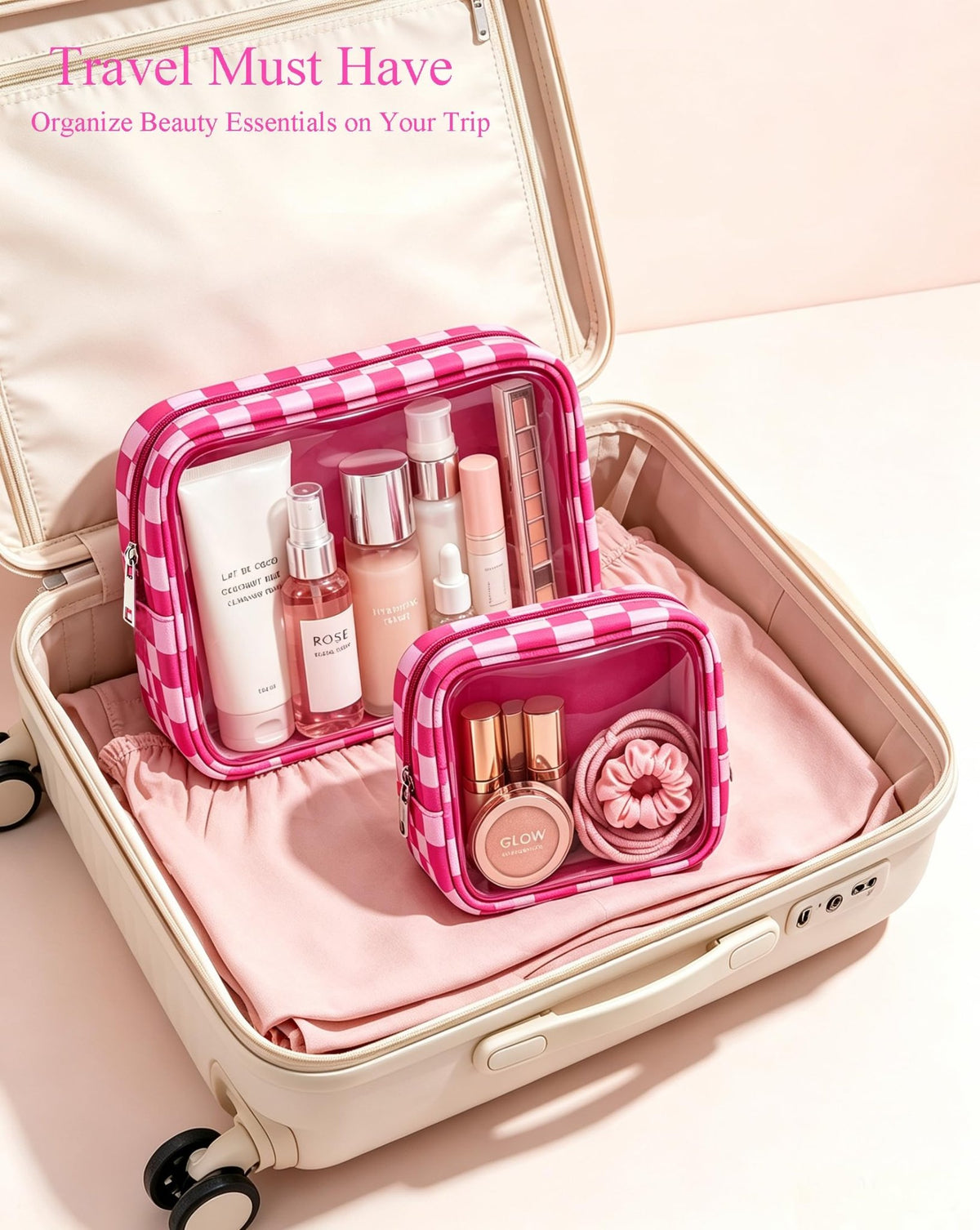 2 Pcs Clear Checkered Makeup Bag Set, Large Capacity Cosmetic Case Waterproof Travel Toiletry Bag Organizer Portable Makeup Pouch for Purse Small Make Up Bag Car Bag for Essentials (Mini+Large Rose) - thewildfolk 2 Pcs Clear Checkered Makeup Bag Set, Large Capacity Cosmetic Case Waterproof Travel Toiletry Bag Organizer Portable Makeup Pouch for Purse Small Make Up Bag Car Bag for Essentials (Mini+Large Rose)