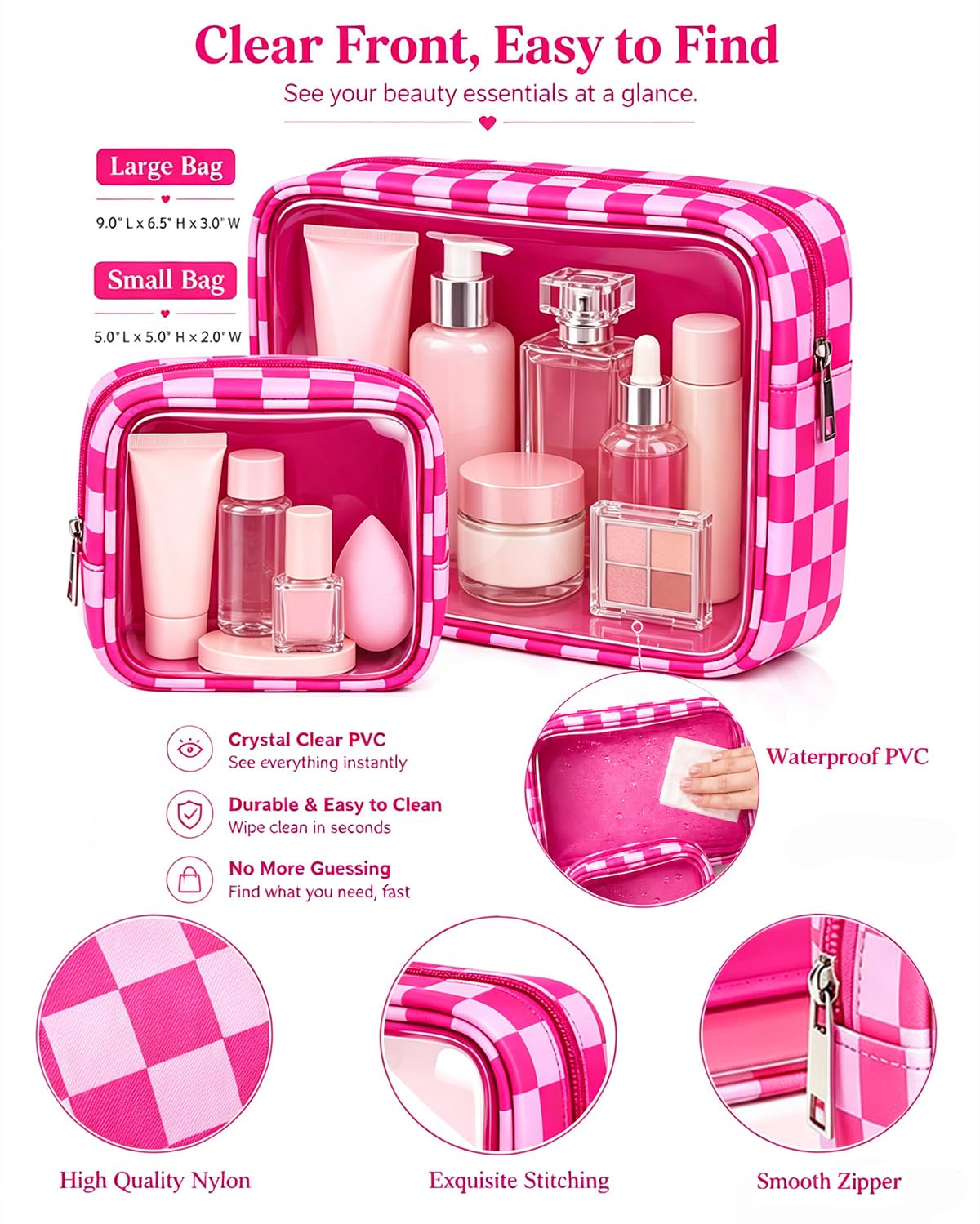 2 Pcs Clear Checkered Makeup Bag Set, Large Capacity Cosmetic Case Waterproof Travel Toiletry Bag Organizer Portable Makeup Pouch for Purse Small Make Up Bag Car Bag for Essentials (Mini+Large Rose) - thewildfolk 2 Pcs Clear Checkered Makeup Bag Set, Large Capacity Cosmetic Case Waterproof Travel Toiletry Bag Organizer Portable Makeup Pouch for Purse Small Make Up Bag Car Bag for Essentials (Mini+Large Rose)