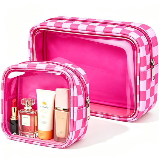 2 Pcs Clear Checkered Makeup Bag Set, Large Capacity Cosmetic Case Waterproof Travel Toiletry Bag Organizer Portable Makeup Pouch for Purse Small Make Up Bag Car Bag for Essentials (Mini+Large Rose) - thewildfolk 2 Pcs Clear Checkered Makeup Bag Set, Large Capacity Cosmetic Case Waterproof Travel Toiletry Bag Organizer Portable Makeup Pouch for Purse Small Make Up Bag Car Bag for Essentials (Mini+Large Rose)