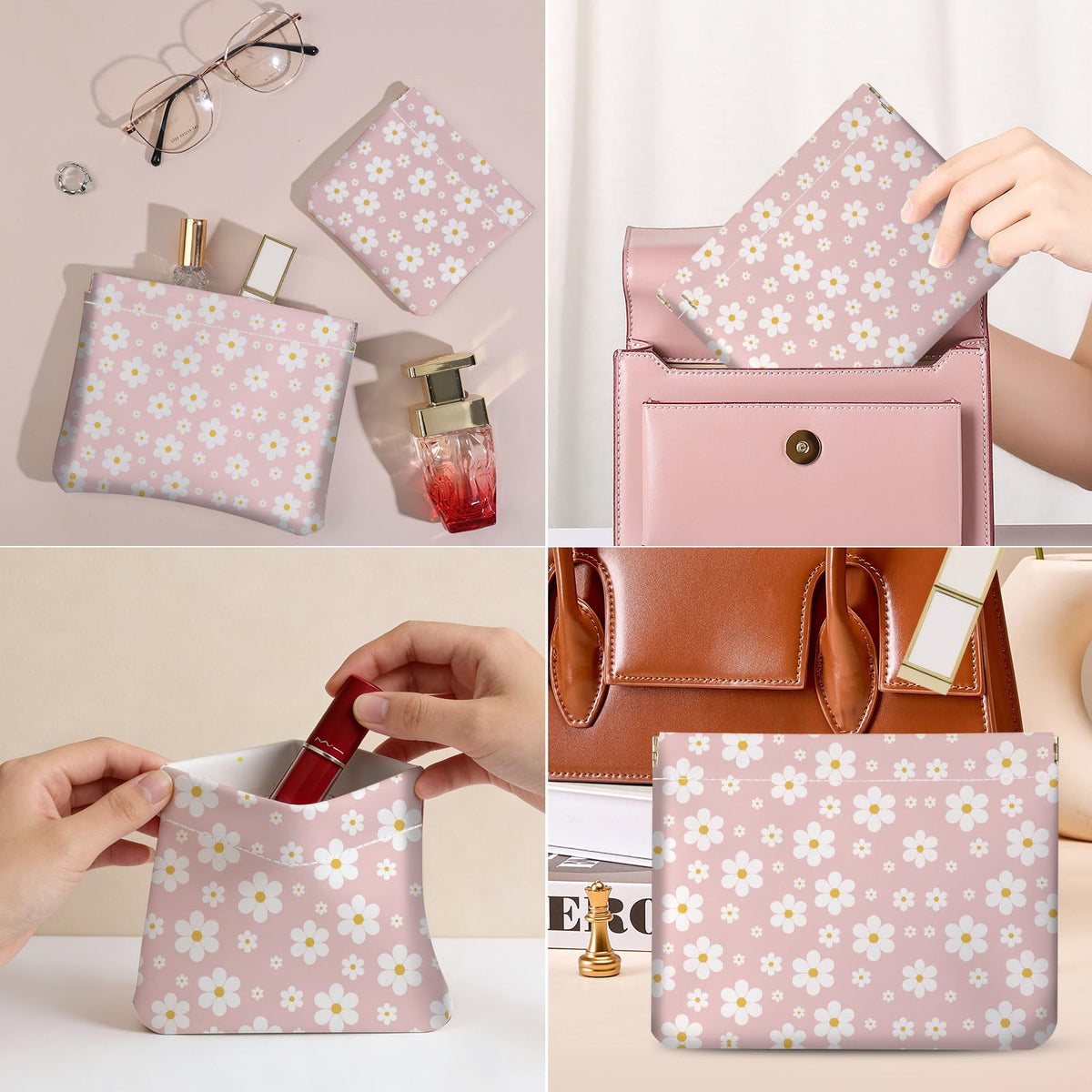 2 PCS PU Leather Small Makeup Bag Set for Purse,No Zipper Self-closing Cosmetic Bag, Portable Coin Purse Lipstick Accessories Organizer Travel Toiletry Storage Pouch for Women,pinkish-white flowers - thewildfolk 2 PCS PU Leather Small Makeup Bag Set for Purse,No Zipper Self-closing Cosmetic Bag, Portable Coin Purse Lipstick Accessories Organizer Travel Toiletry Storage Pouch for Women,pinkish-white flowers