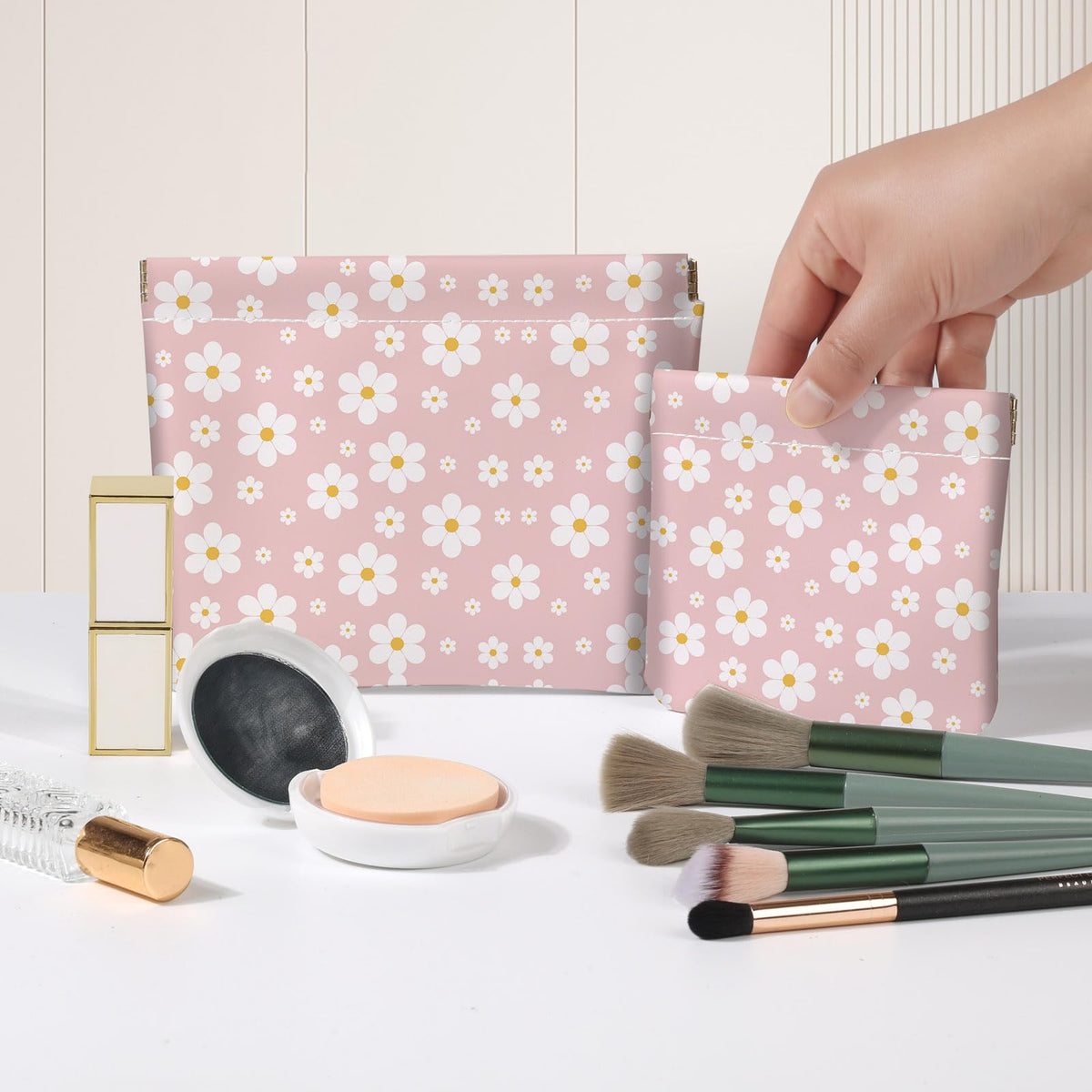 2 PCS PU Leather Small Makeup Bag Set for Purse,No Zipper Self-closing Cosmetic Bag, Portable Coin Purse Lipstick Accessories Organizer Travel Toiletry Storage Pouch for Women,pinkish-white flowers - thewildfolk 2 PCS PU Leather Small Makeup Bag Set for Purse,No Zipper Self-closing Cosmetic Bag, Portable Coin Purse Lipstick Accessories Organizer Travel Toiletry Storage Pouch for Women,pinkish-white flowers